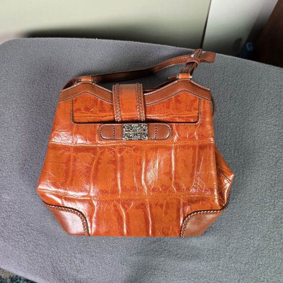 MC Crocodile Embossed Brown Leather Shoulder Bag Purse Silver Accent Structured - Picture 2 of 7